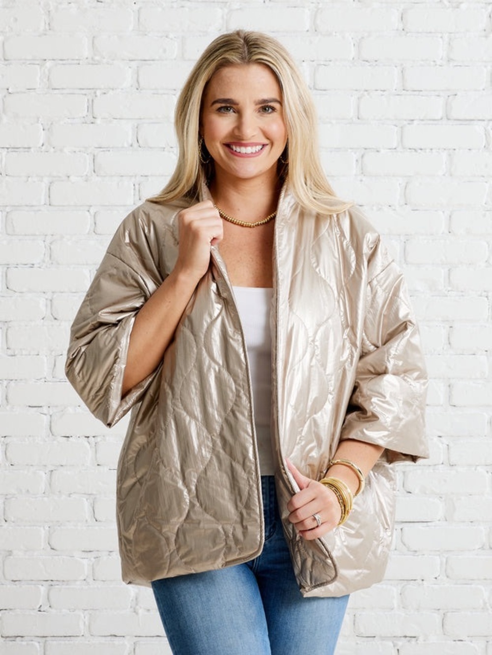 Caryn Lawn Penny Metallic Gold Quilted Puffer Jacket One Size OS